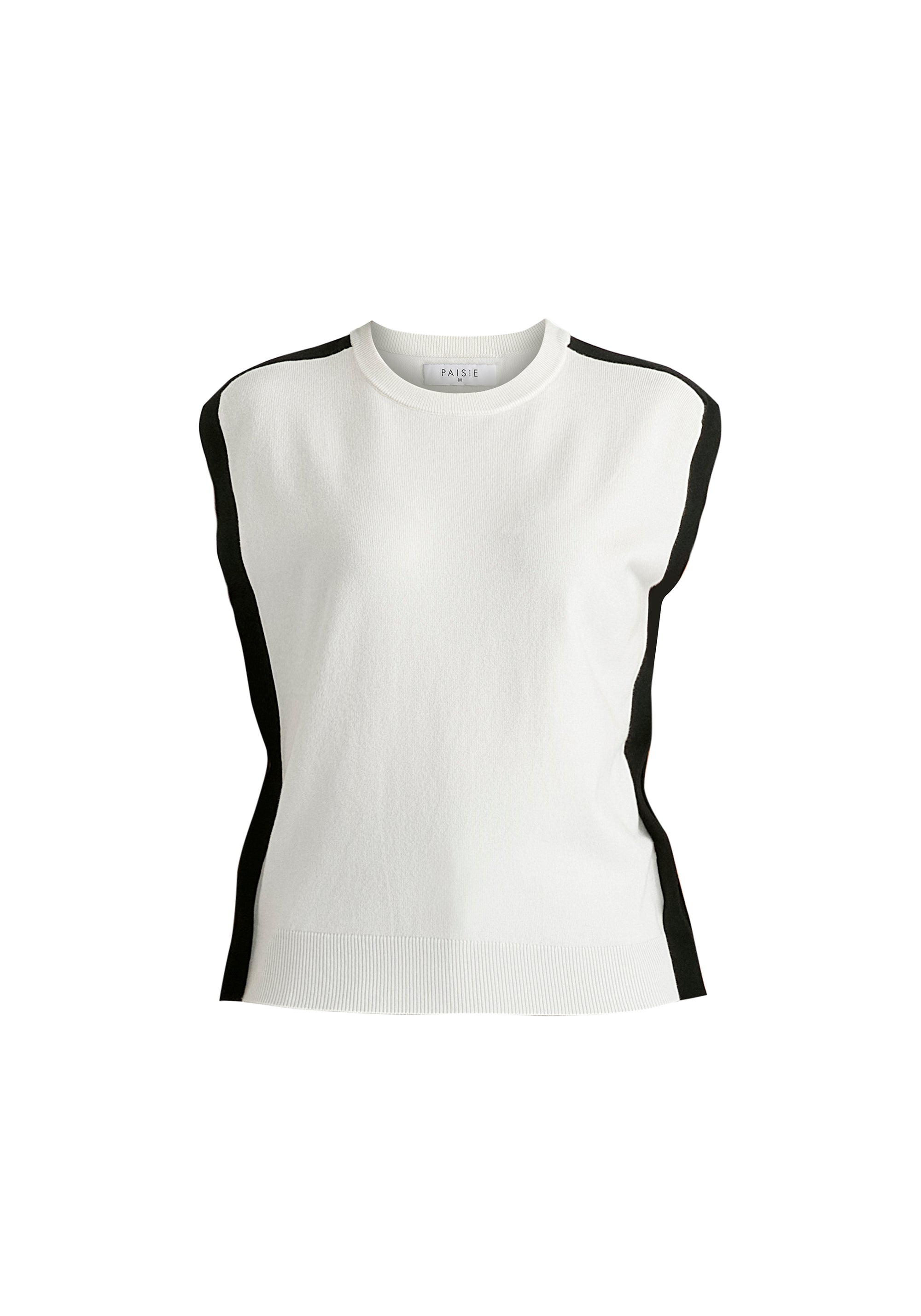 Contrast Trim Round Neck Knit Top in White and Black Cutout