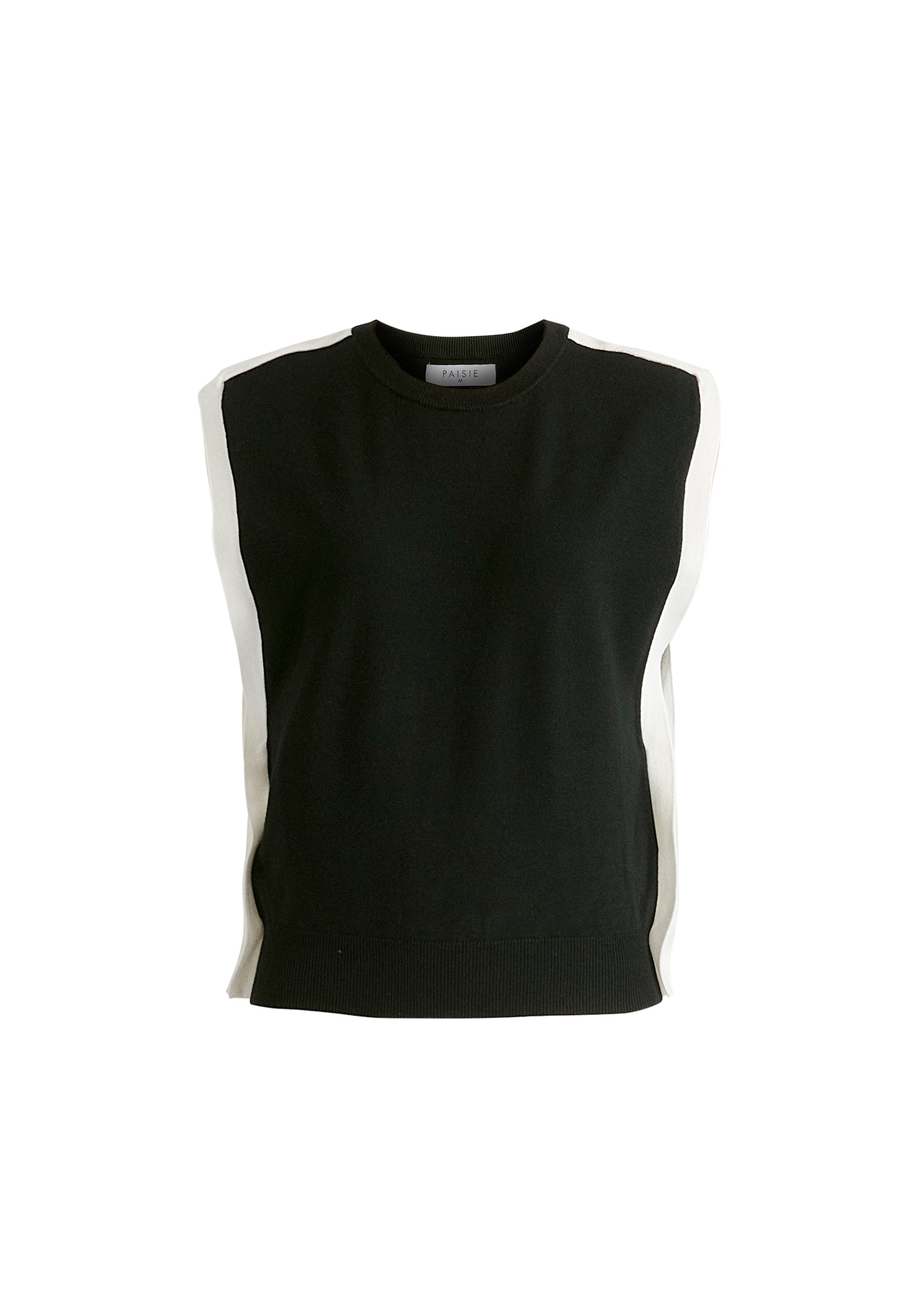 Contrast Trim Round Neck Knit Top in Black and White Cutout