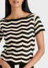 Boat Neck Knit Top in Zigzag Pattern in Black and Beige