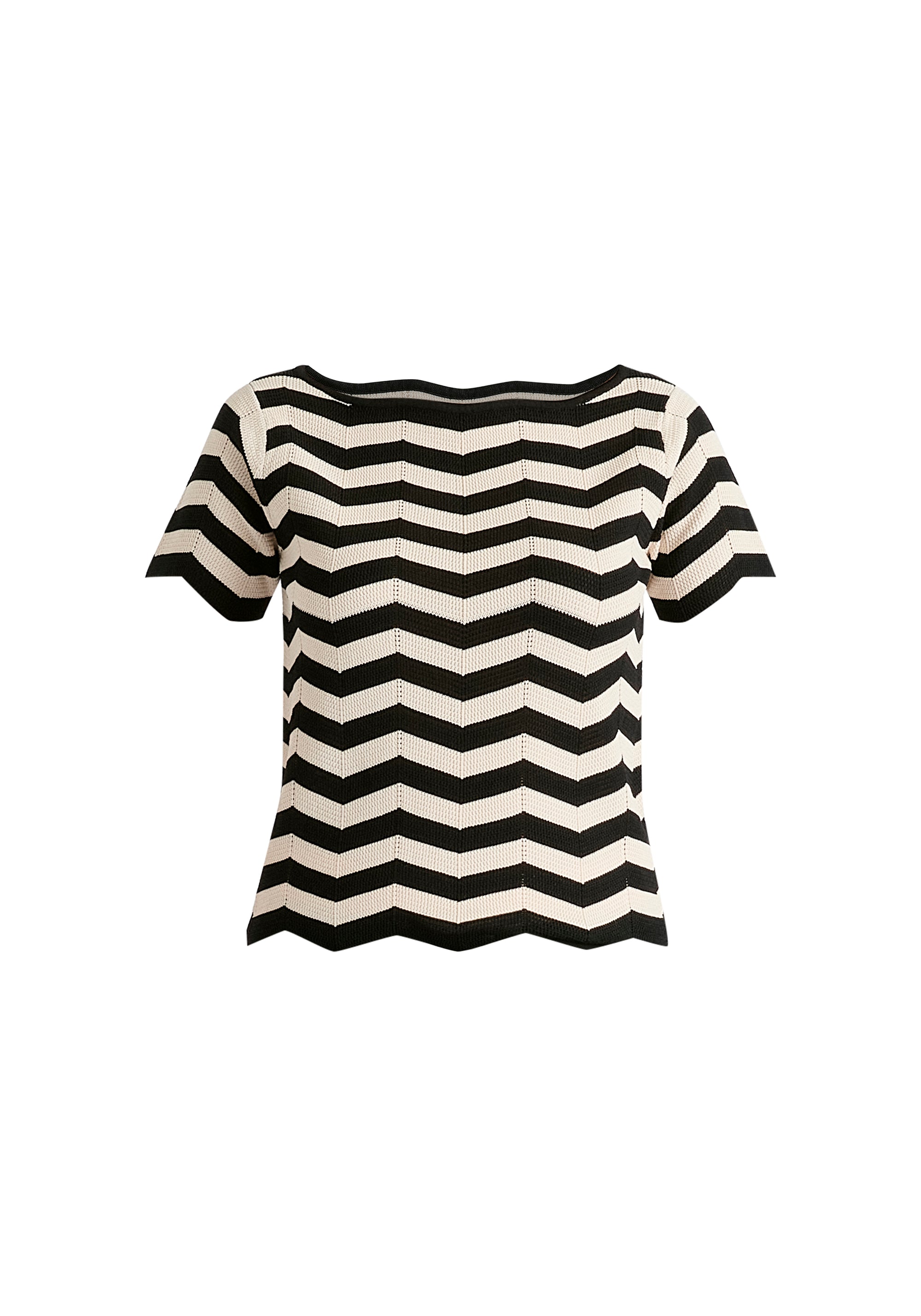 Boat Neck Knit Top in Zigzag Pattern in Black and Beige Cutout