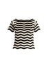 Boat Neck Knit Top in Zigzag Pattern in Black and Beige Cutout