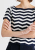 Boat Neck Knit Top in Zigzag Pattern in Navy and White Closeup