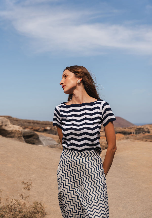 Boat Neck Knit Top in Zigzag Pattern in Navy and White