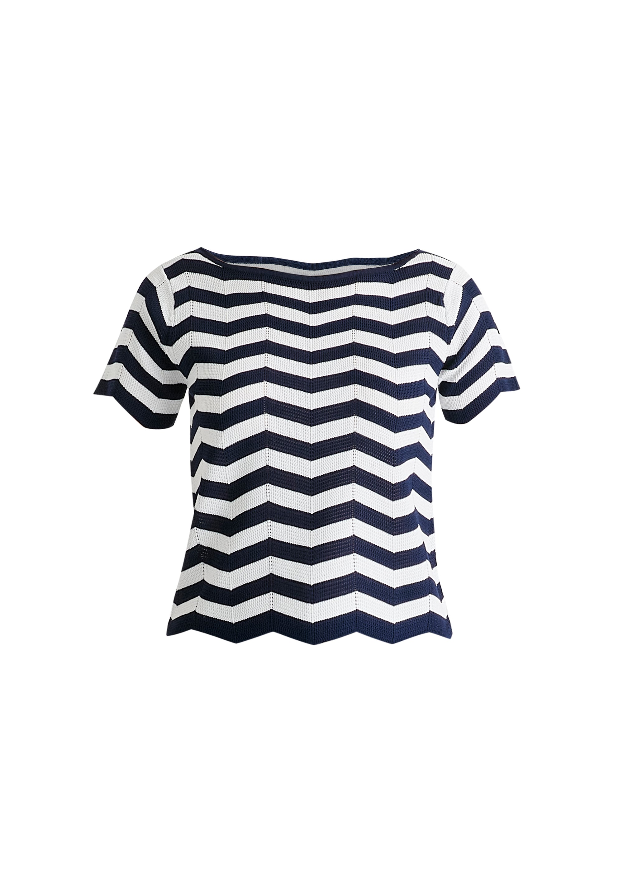 Boat Neck Knit Top in Zigzag Pattern in Navy and White Cutout