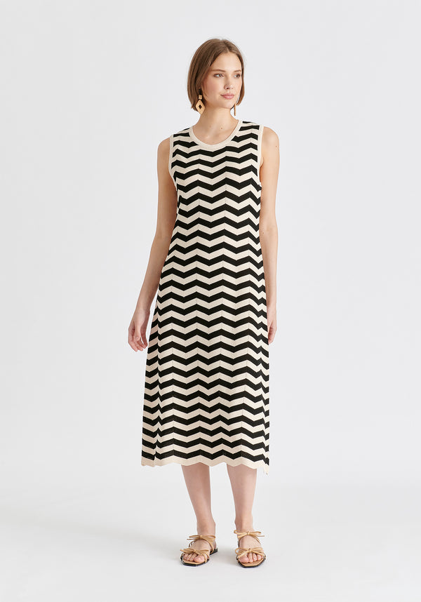 Sleeveless Midi Knit Dress in Zigzag Pattern in Black and Beige Front