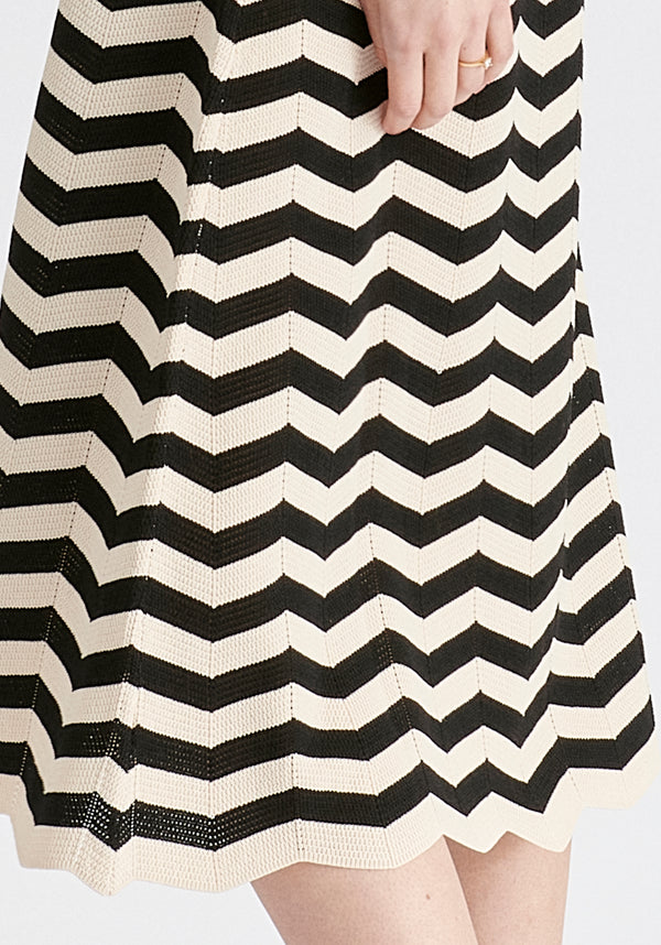 Sleeveless Midi Knit Dress in Zigzag Pattern in Black and Beige Closeup