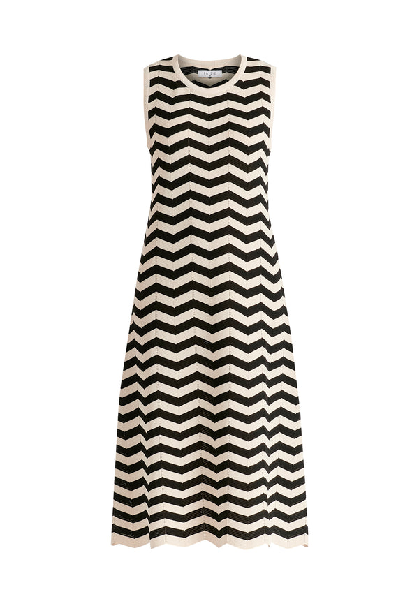 Sleeveless Midi Knit Dress in Zigzag Pattern in Black and Beige Cutout
