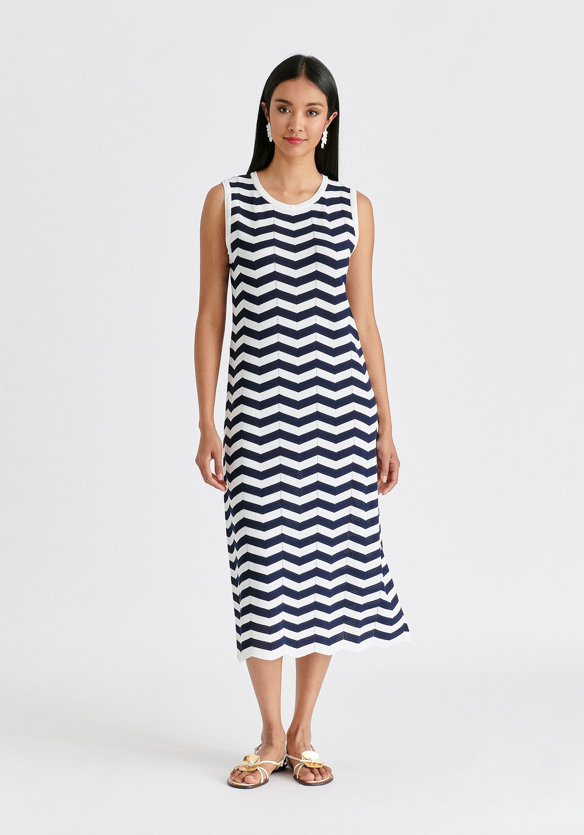 Sleeveless Midi Knit Dress in Zigzag Pattern in Navy and White