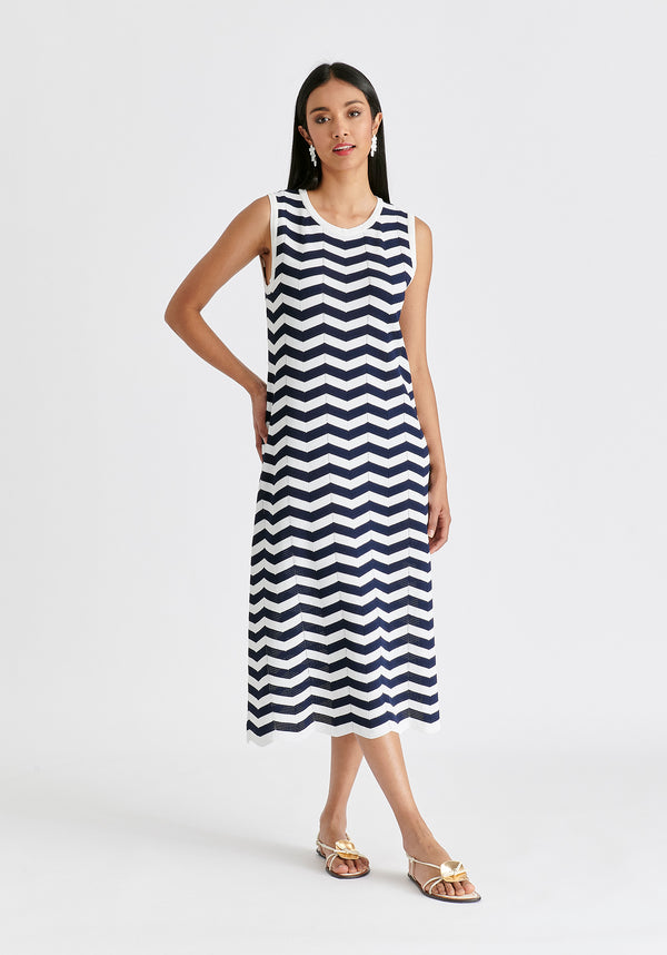 Sleeveless Midi Knit Dress in Zigzag Pattern in Navy and White Front