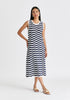 Sleeveless Midi Knit Dress in Zigzag Pattern in Navy and White Front