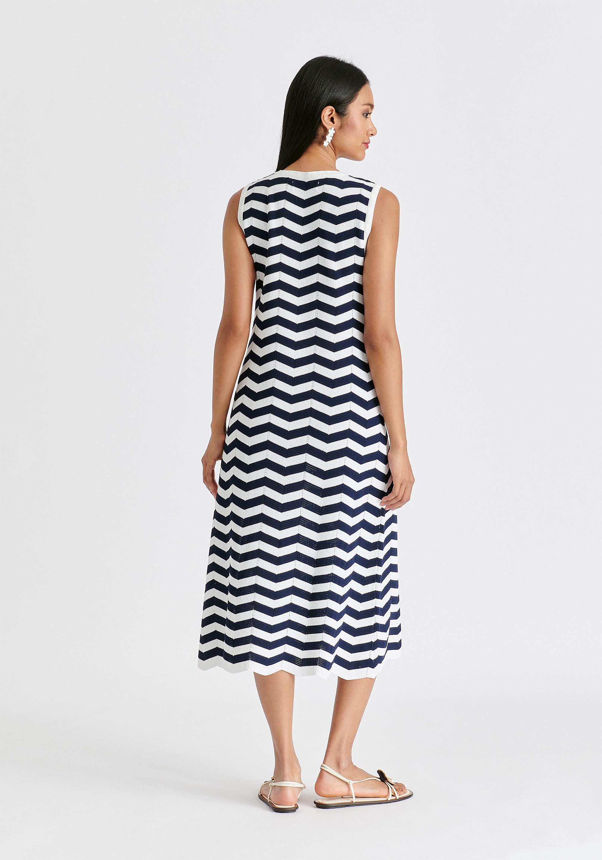 Sleeveless Midi Knit Dress in Zigzag Pattern in Navy and White Back