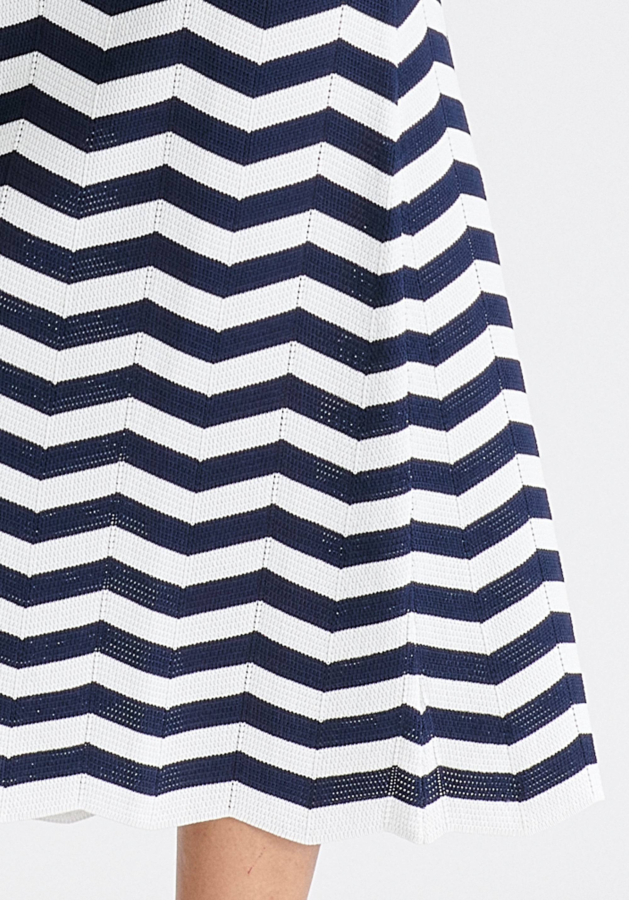 Sleeveless Midi Knit Dress in Zigzag Pattern in Navy and White Closeup