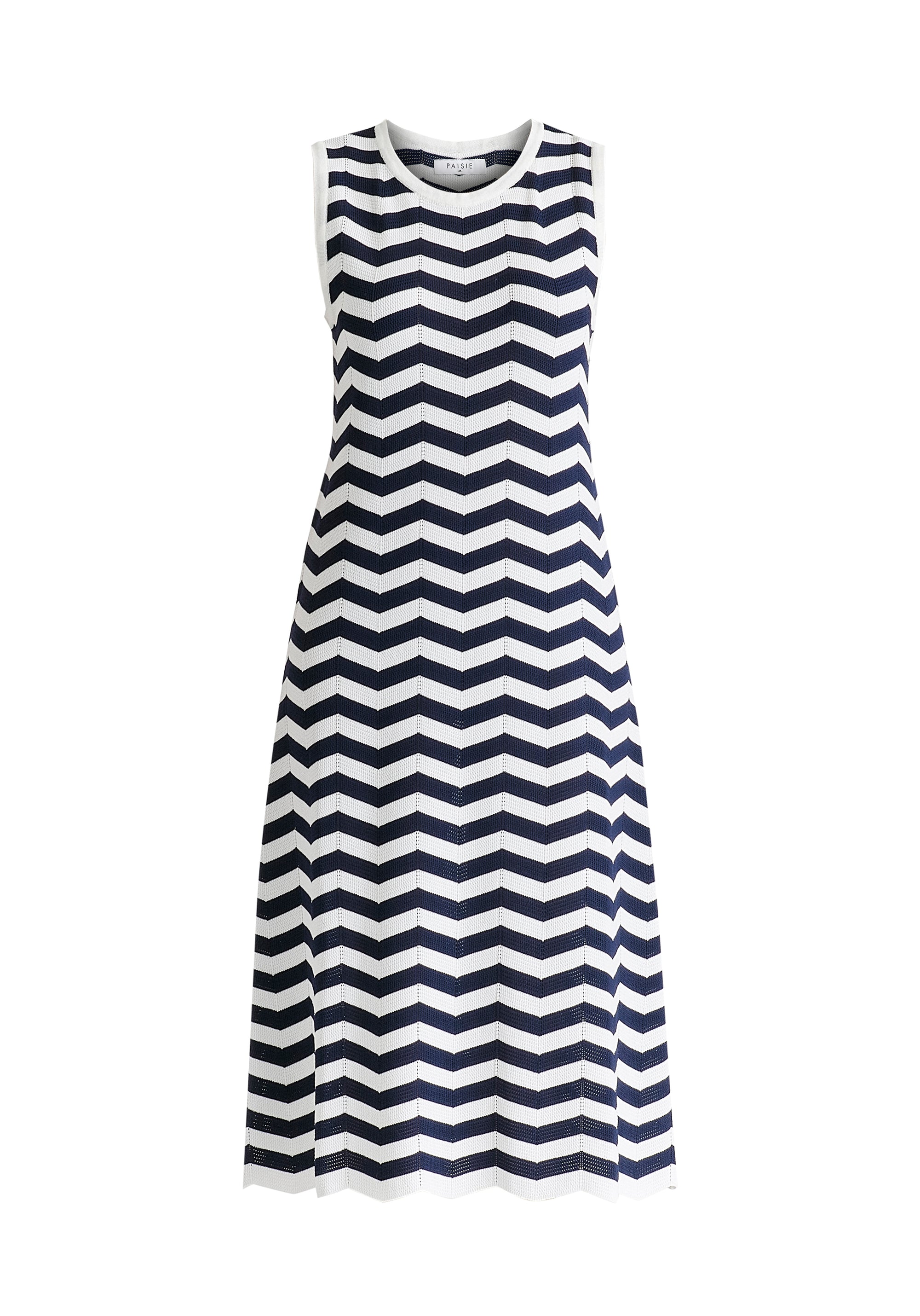 Sleeveless Midi Knit Dress in Zigzag Pattern in Navy and White Cutout