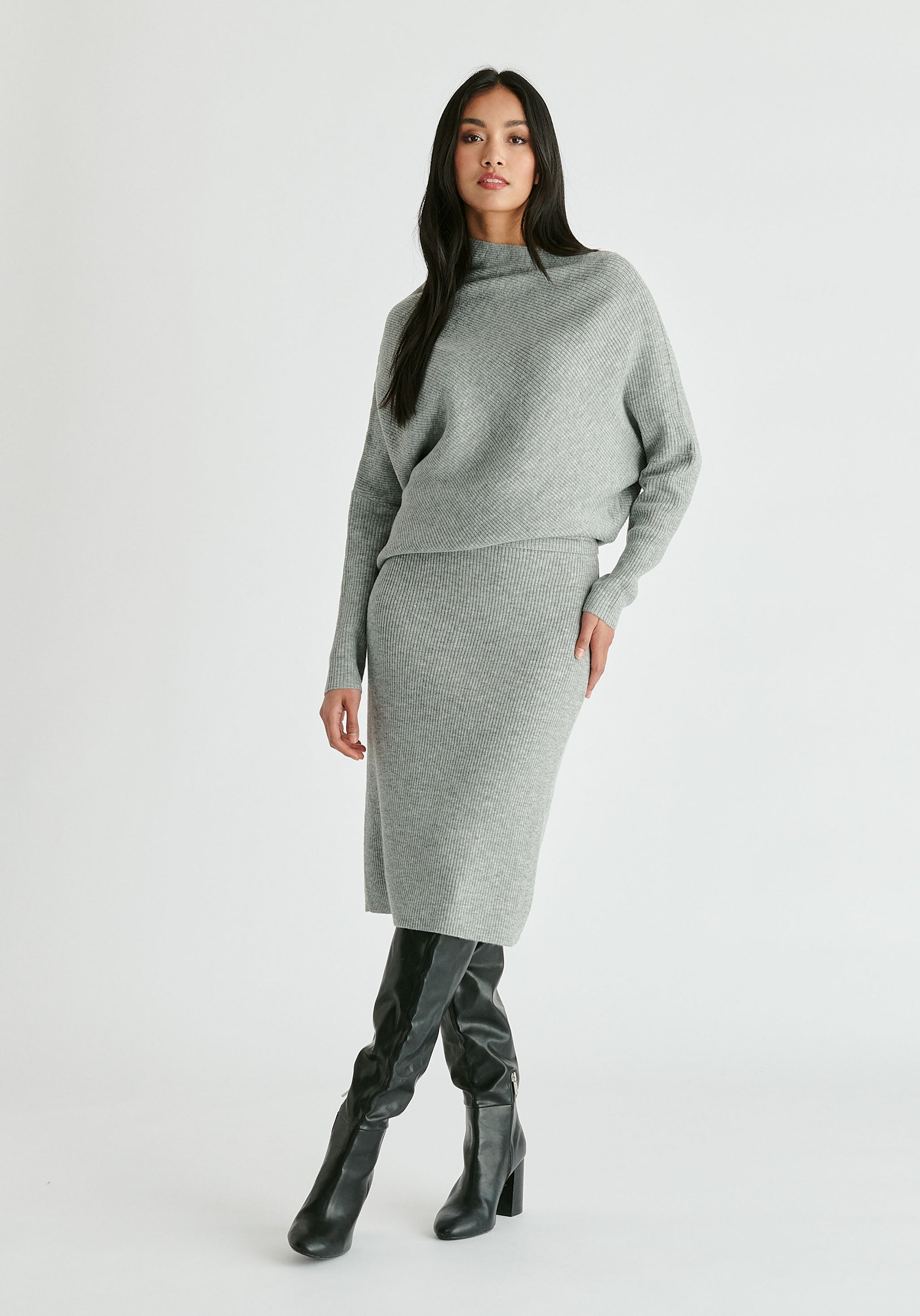Draped Knitted Dress in Grey Front