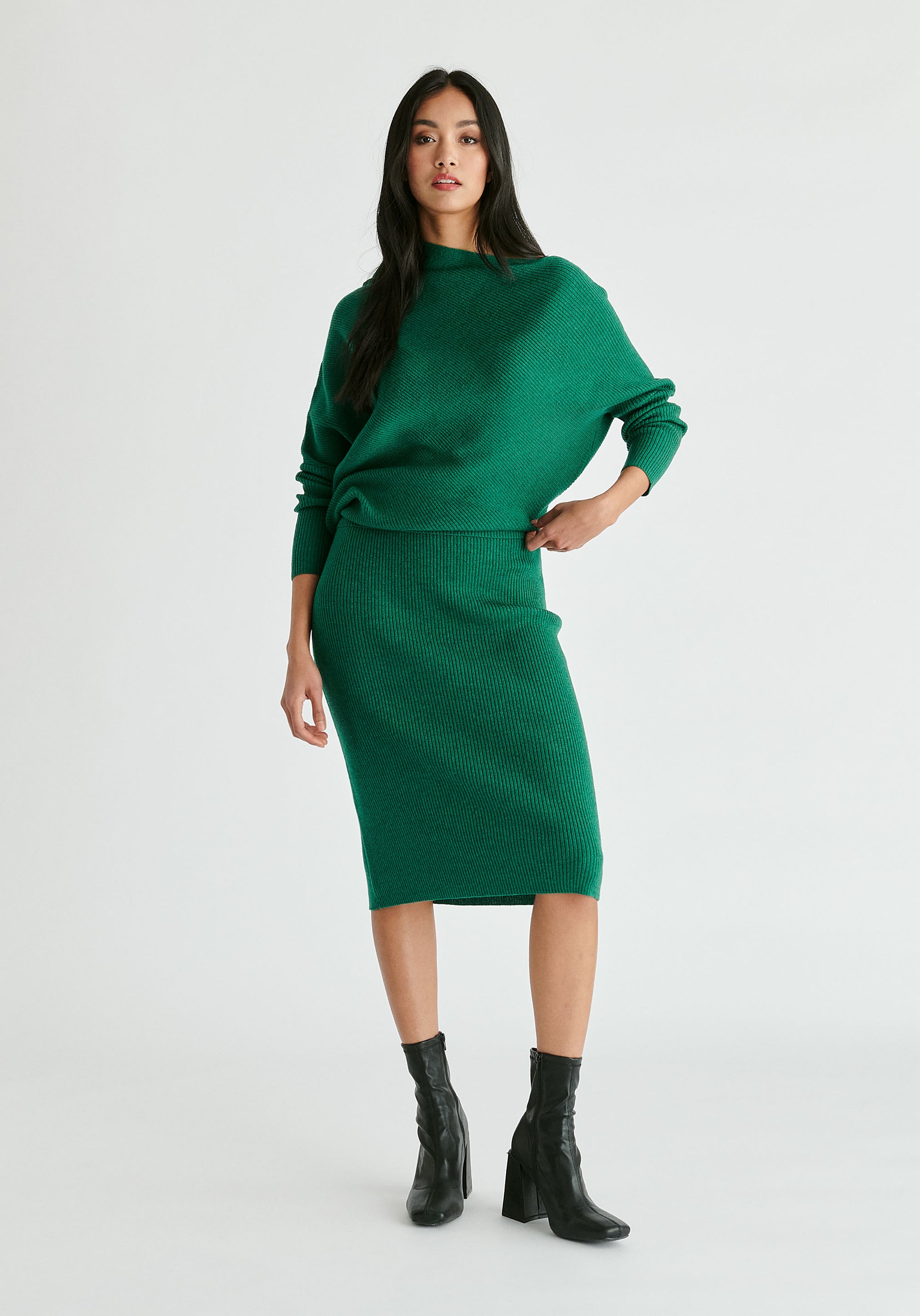 Draped Knitted Dress in Green Front