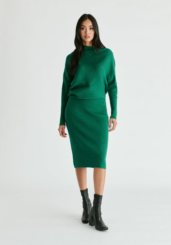 Draped Knitted Dress in Green Front