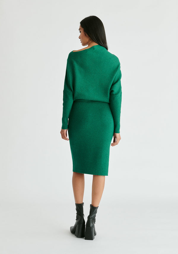 Draped Knitted Dress in Green Back