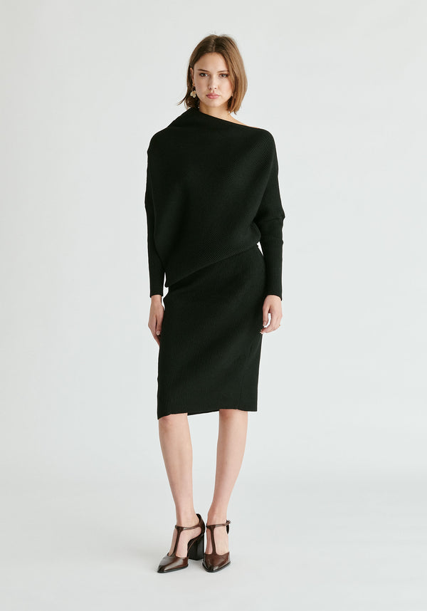 Draped Knitted Dress in Black Front