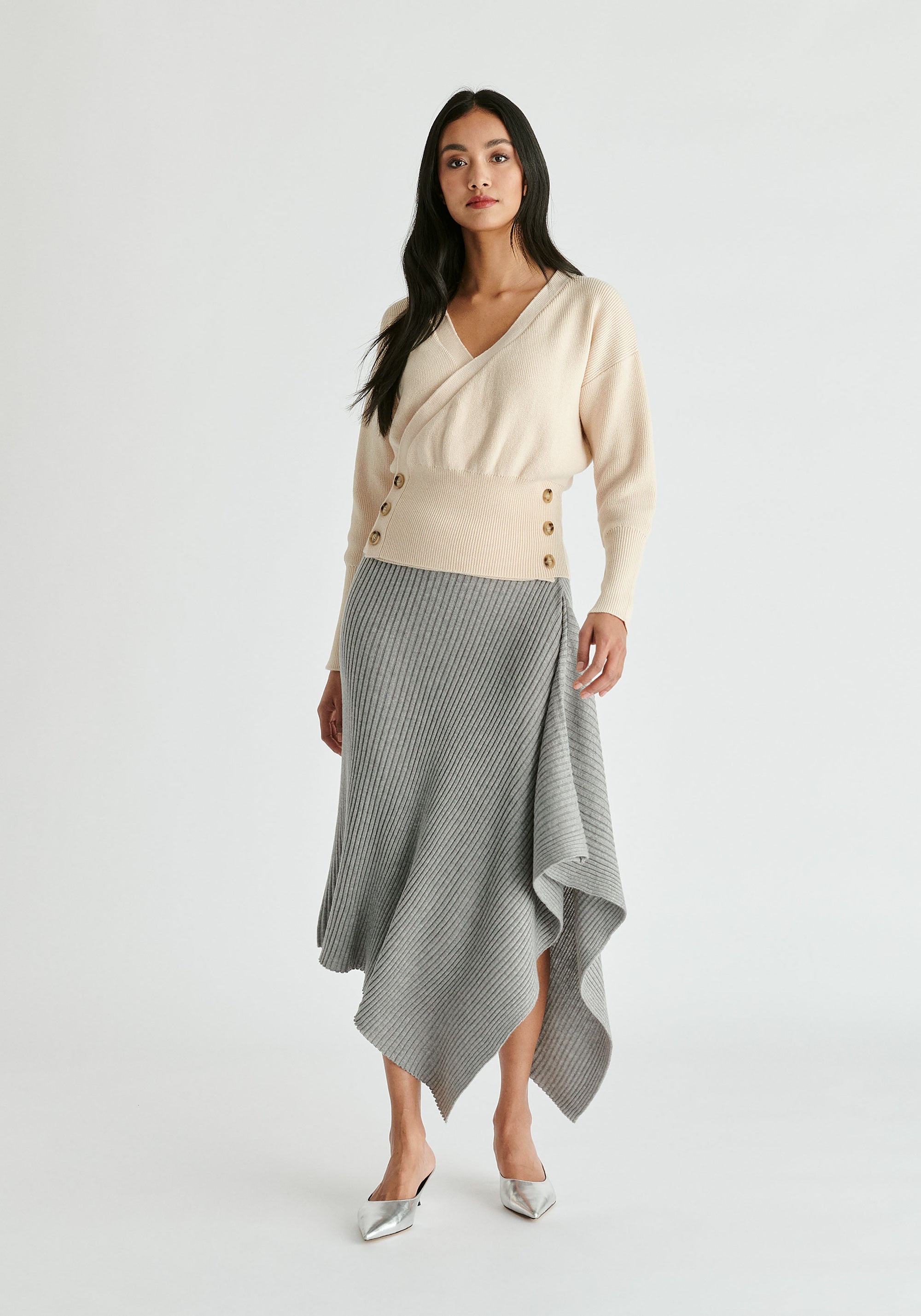 Knitted Wrap Top with Side Buttons in Cream Front