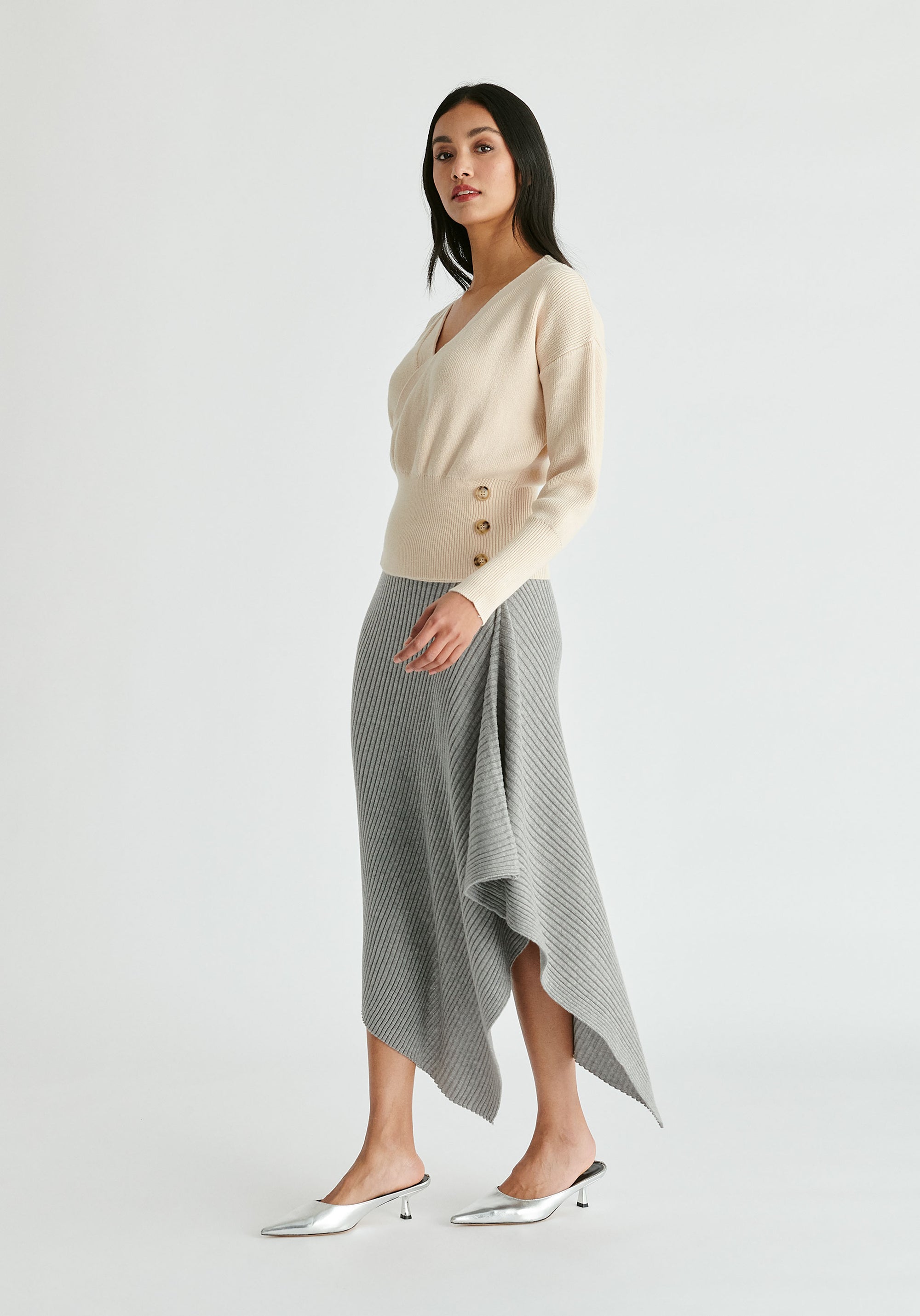 Knitted Wrap Top with Side Buttons in Cream Side