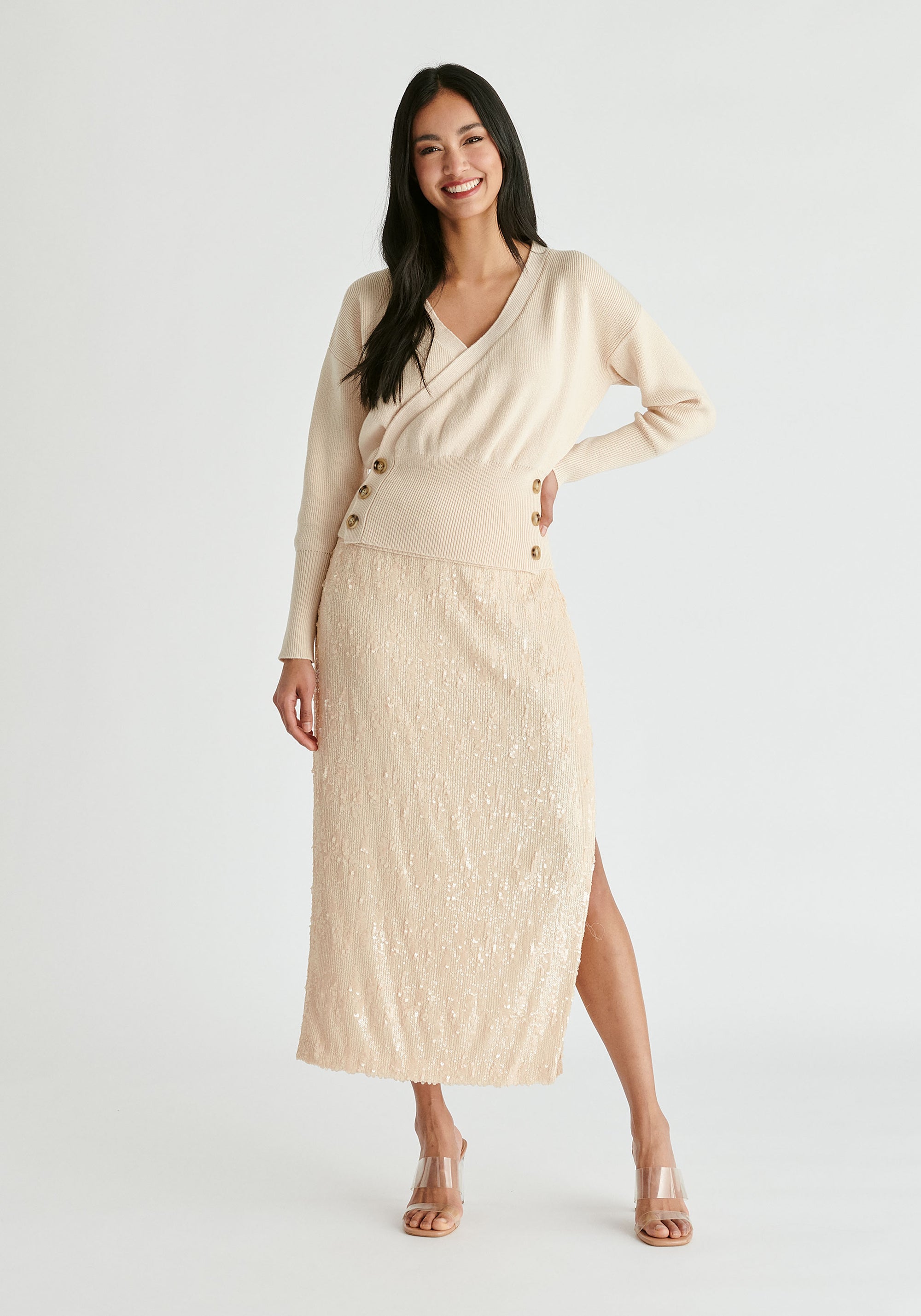 Knitted Wrap Top with Side Buttons in Cream Front