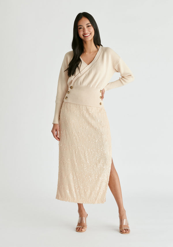 Knitted Wrap Top with Side Buttons in Cream Front