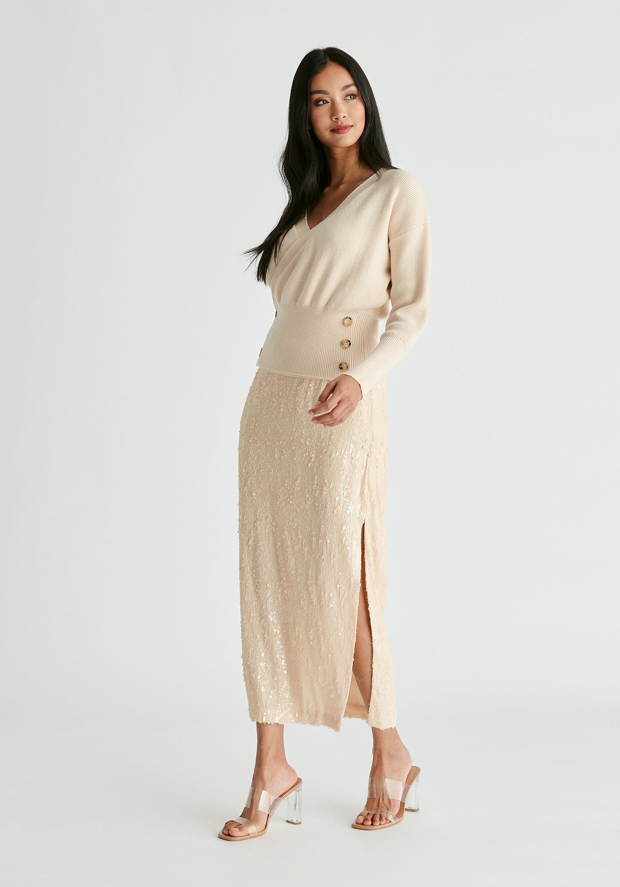 Knitted Wrap Top with Side Buttons in Cream Side