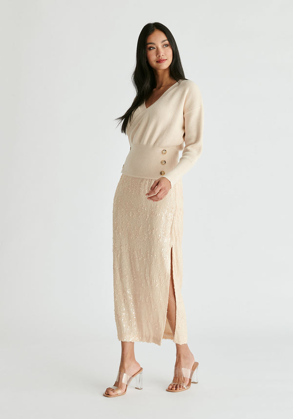 Knitted Wrap Top with Side Buttons in Cream Side