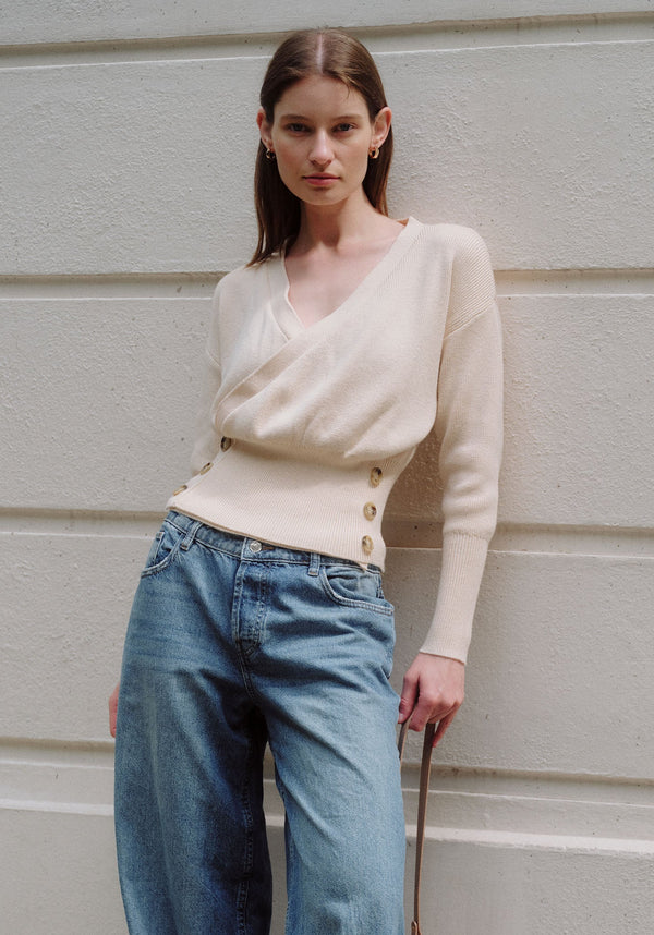 Knitted Wrap Top with Side Buttons in Cream Photoshoot