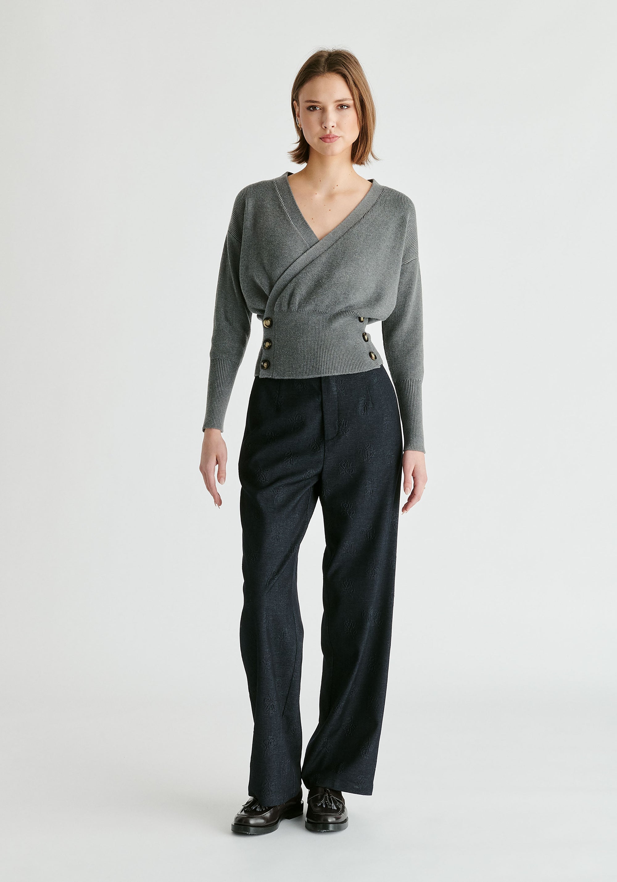Knitted Wrap Top with Side Buttons in Grey Front