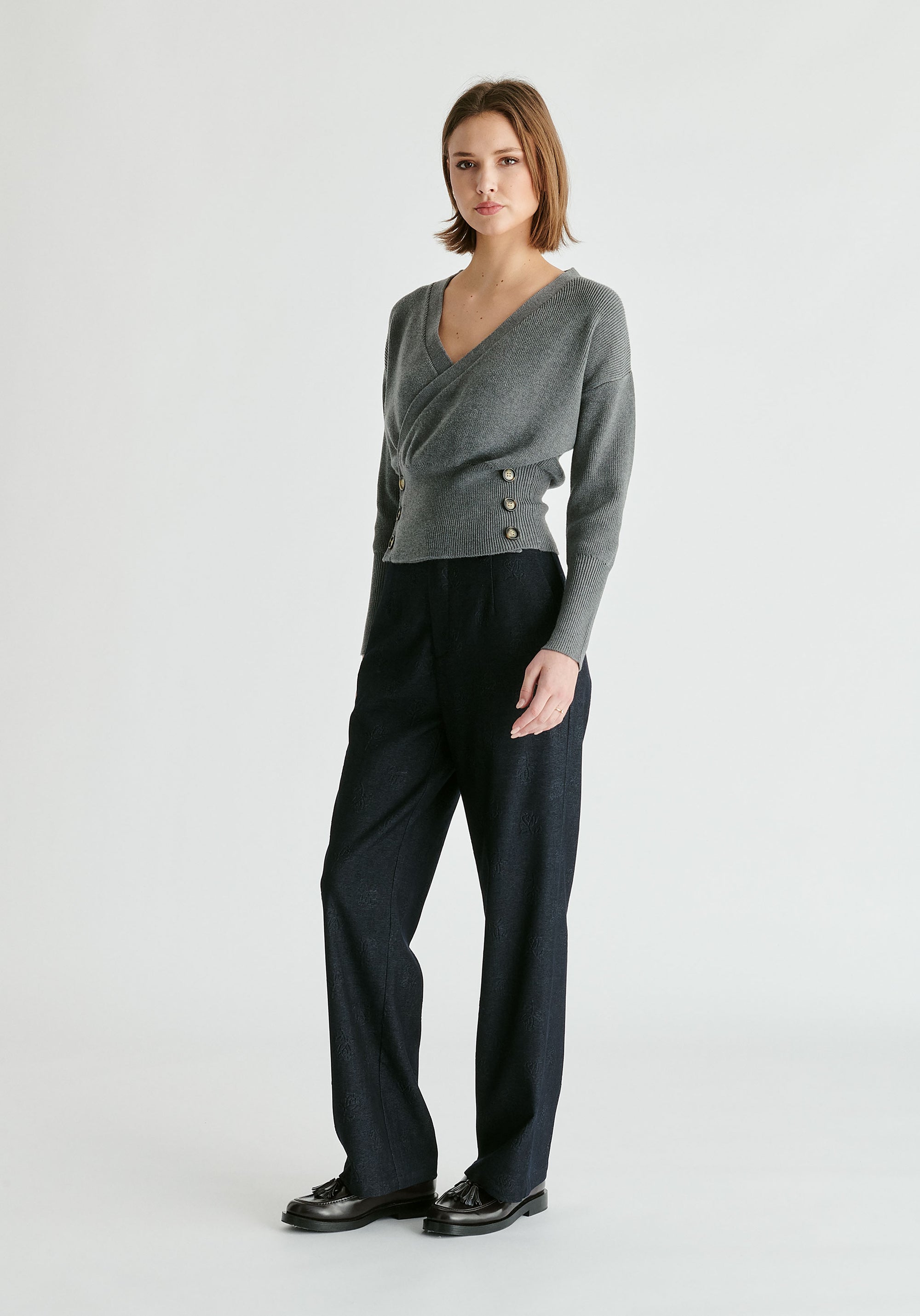 Knitted Wrap Top with Side Buttons in Grey Side
