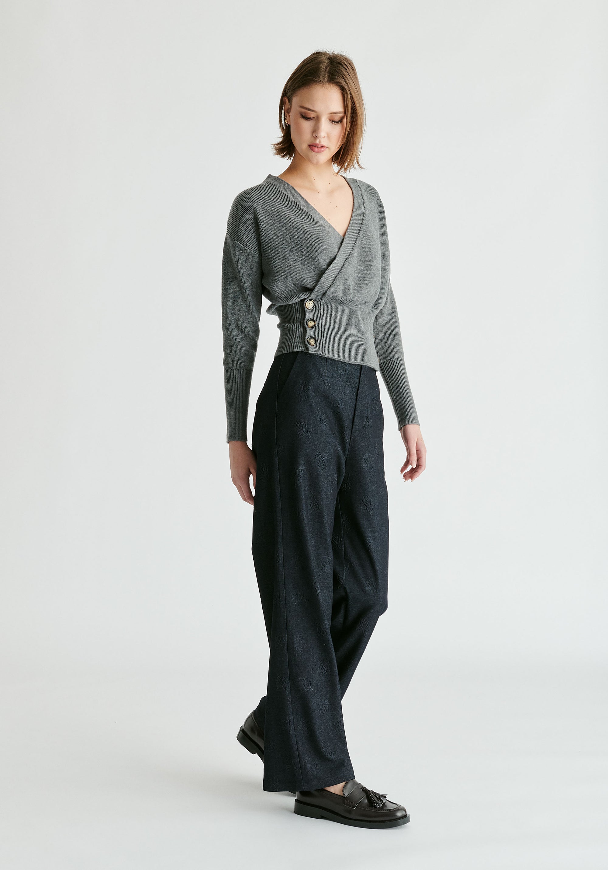 Knitted Wrap Top with Side Buttons in Grey Side