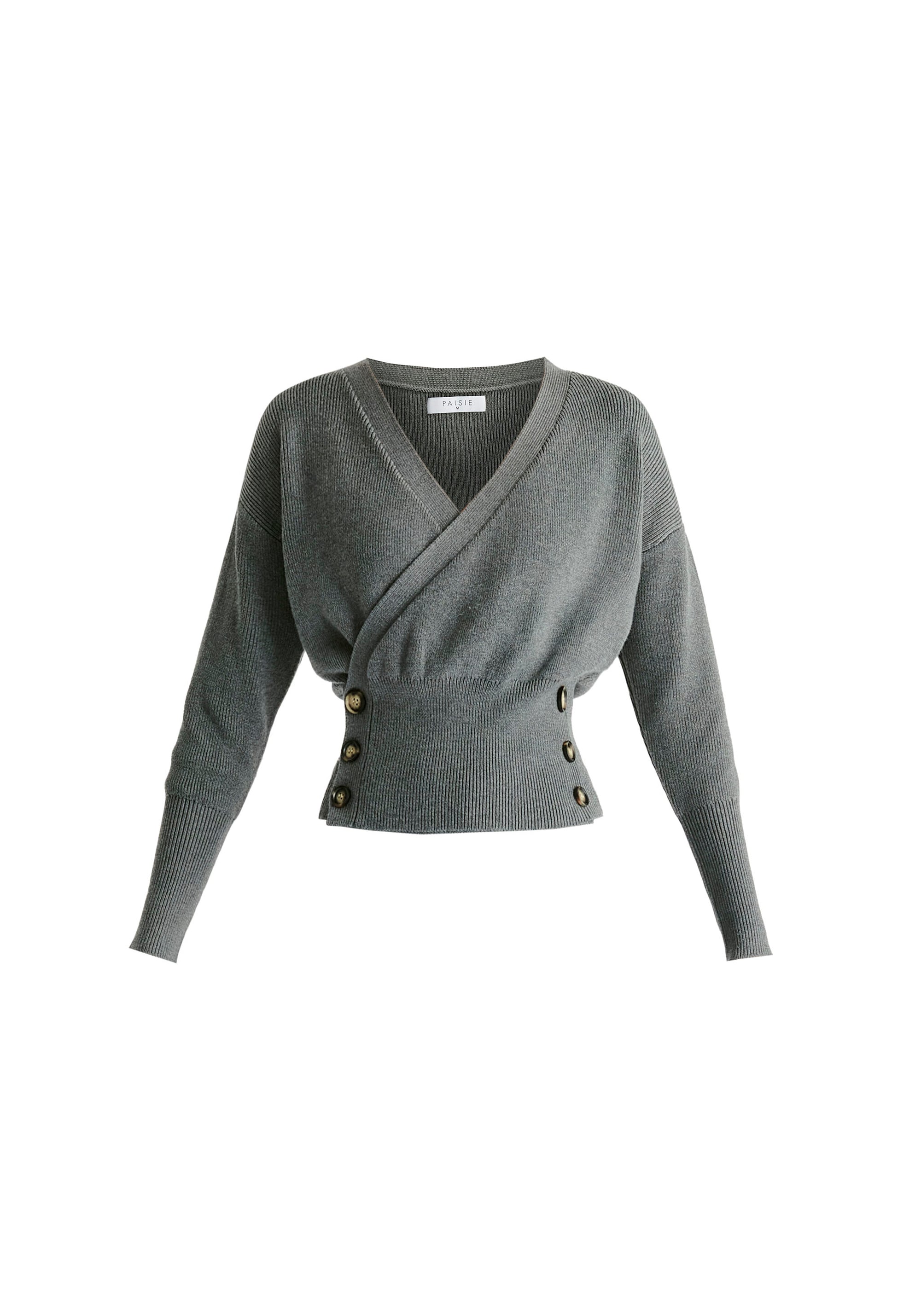 Knitted Wrap Top with Side Buttons in Grey Cutout