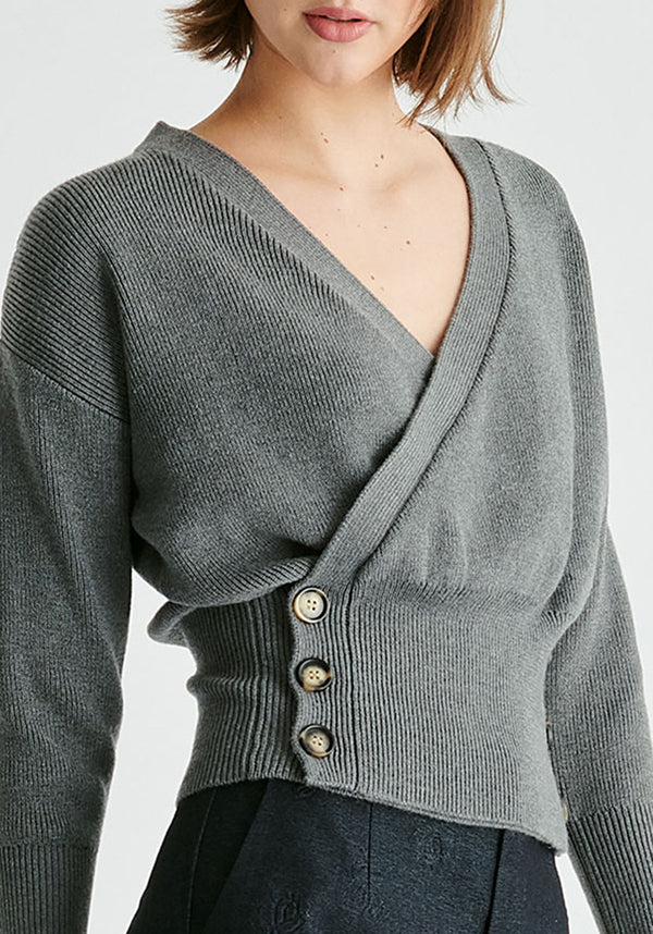 Knitted Wrap Top with Side Buttons in Grey Closeup