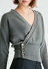 Knitted Wrap Top with Side Buttons in Grey Closeup