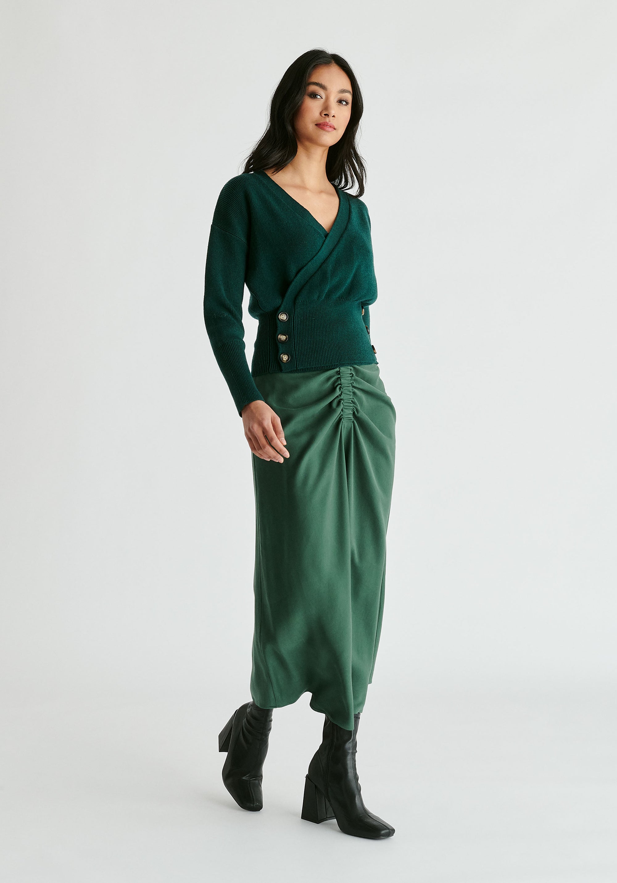 Knitted Wrap Top with Side Buttons in Green Front
