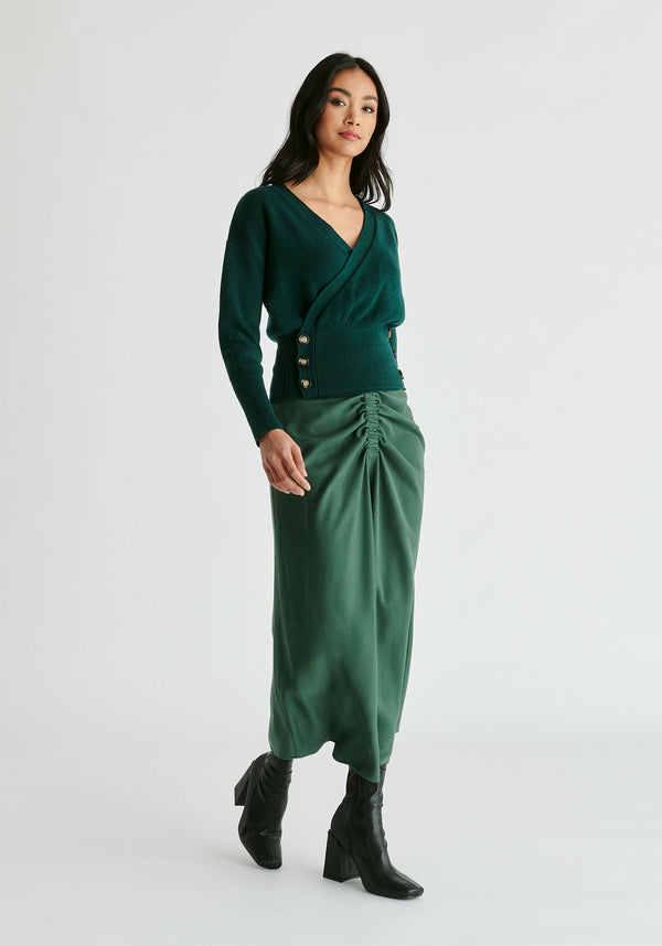 Knitted Wrap Top with Side Buttons in Green Front