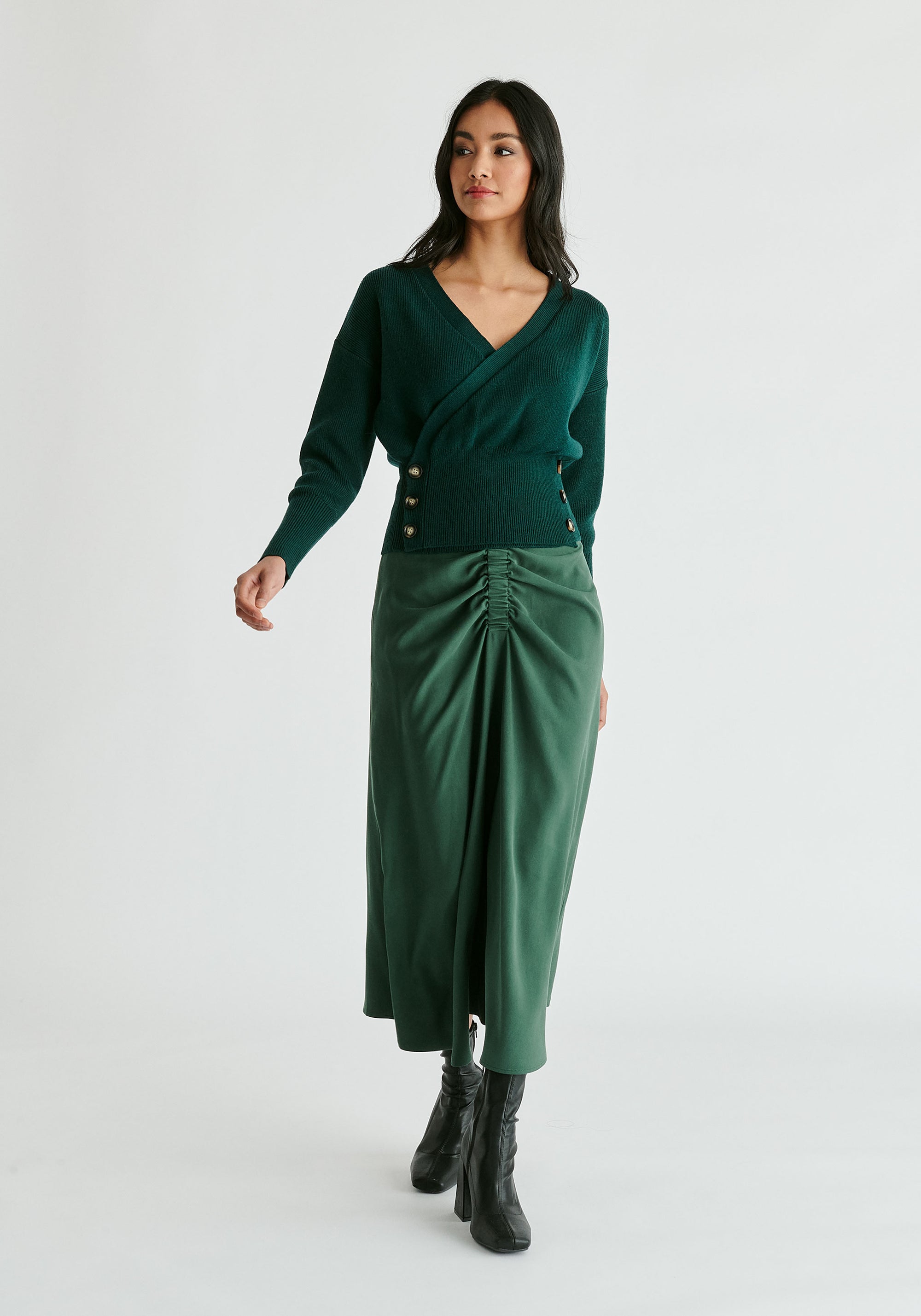 Knitted Wrap Top with Side Buttons in Green Front