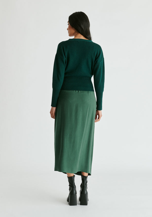 Knitted Wrap Top with Side Buttons in Green Back