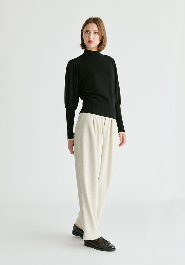 Belted Wide Leg Trousers with Box Pleats in Oatmeal Front