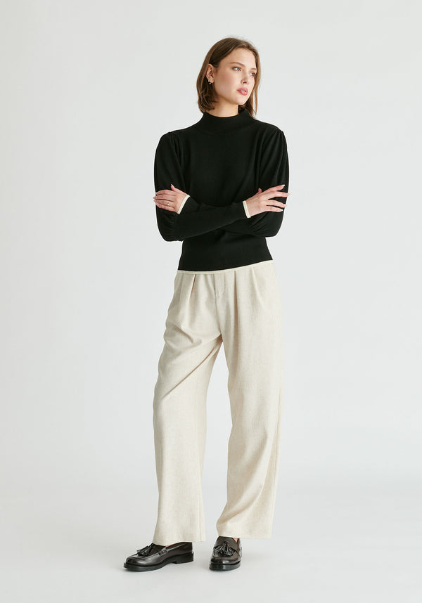 Belted Wide Leg Trousers with Box Pleats in Oatmeal Front