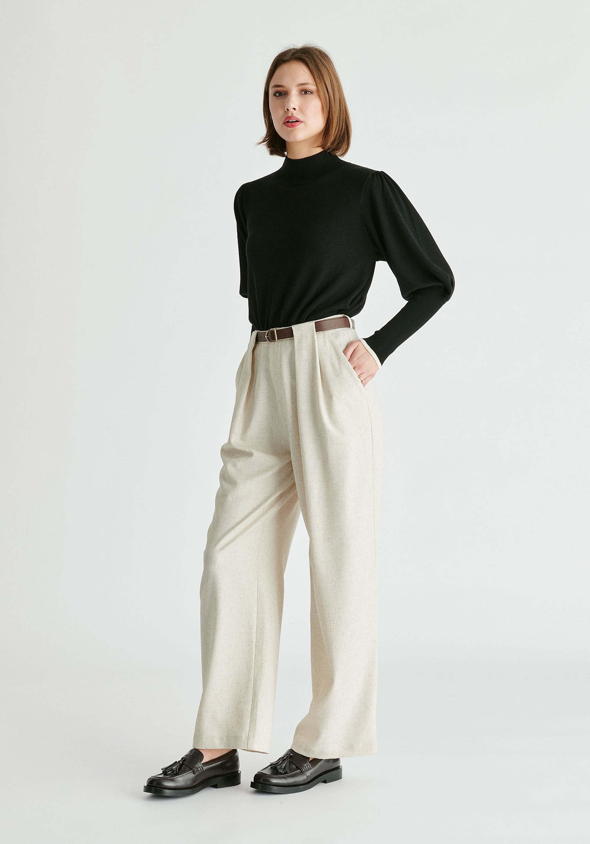Belted Wide Leg Trousers with Box Pleats in Oatmeal Side