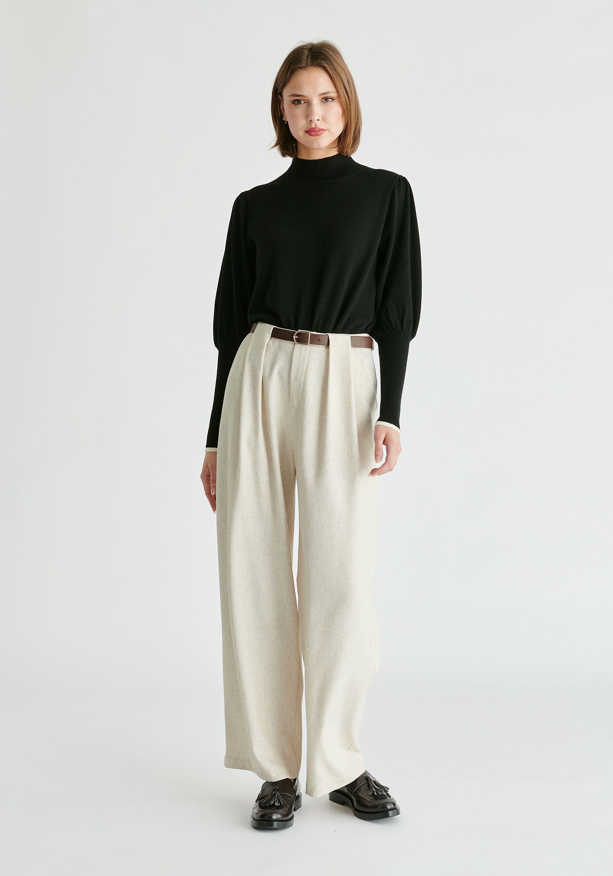 Belted Wide Leg Trousers with Box Pleats in Oatmeal Front