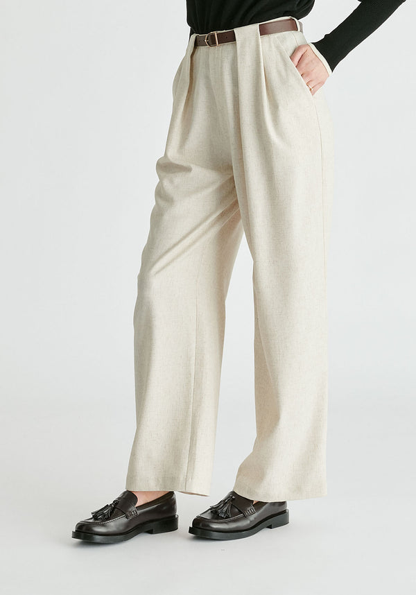 Belted Wide Leg Trousers with Box Pleats in Oatmeal