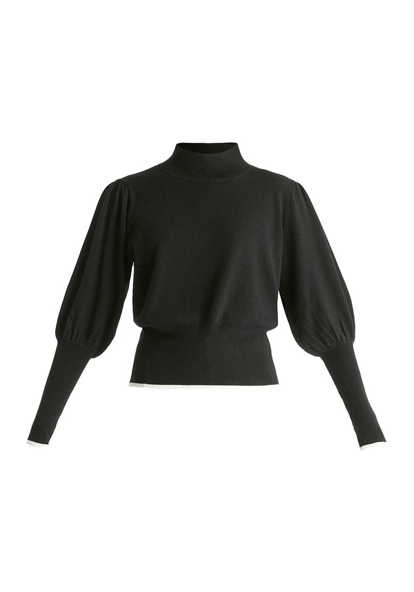 High Neck Knitted Top with Contrast Trim in Black Closeup