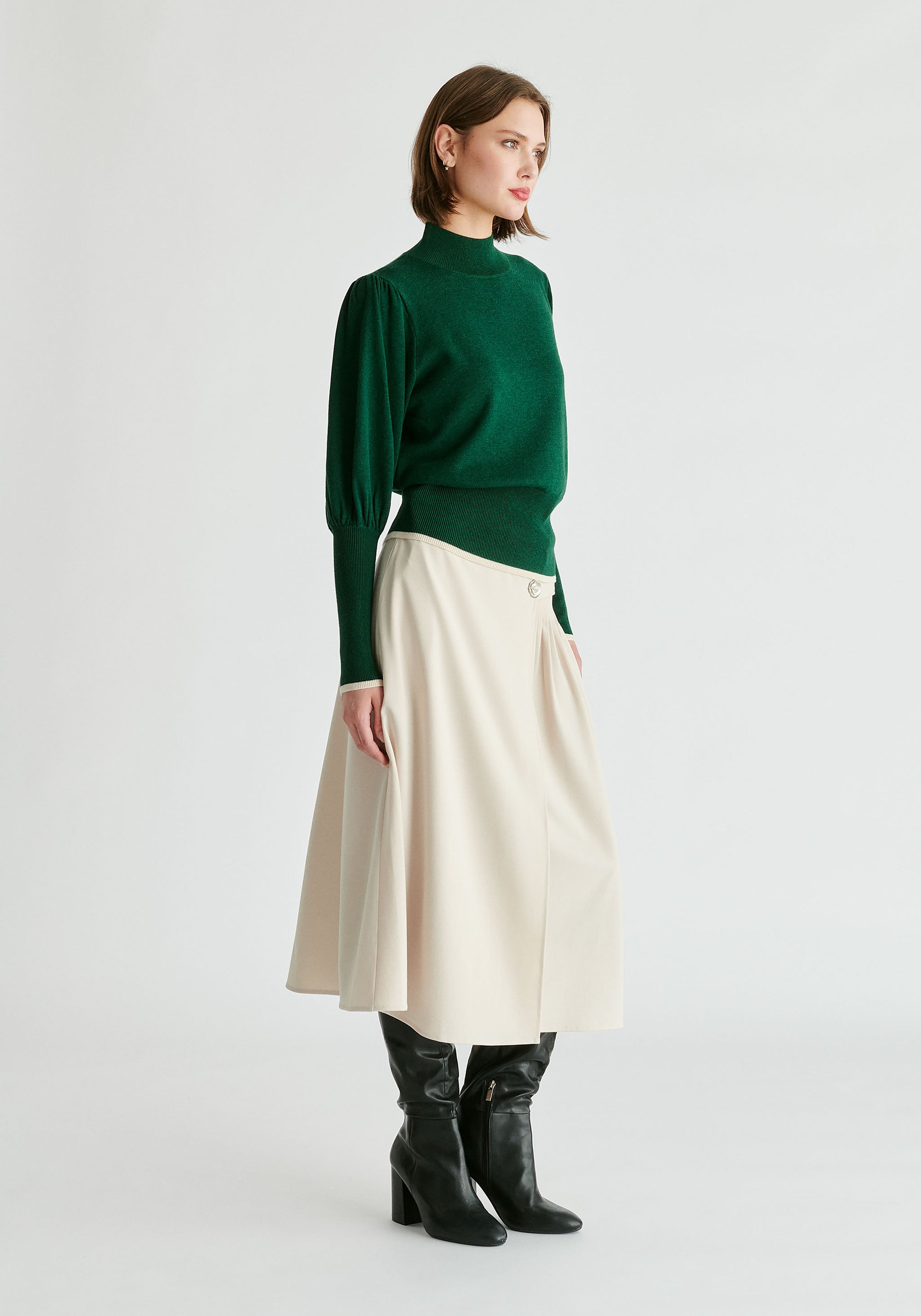 High Neck Knitted Top with Contrast Trim in Green Side