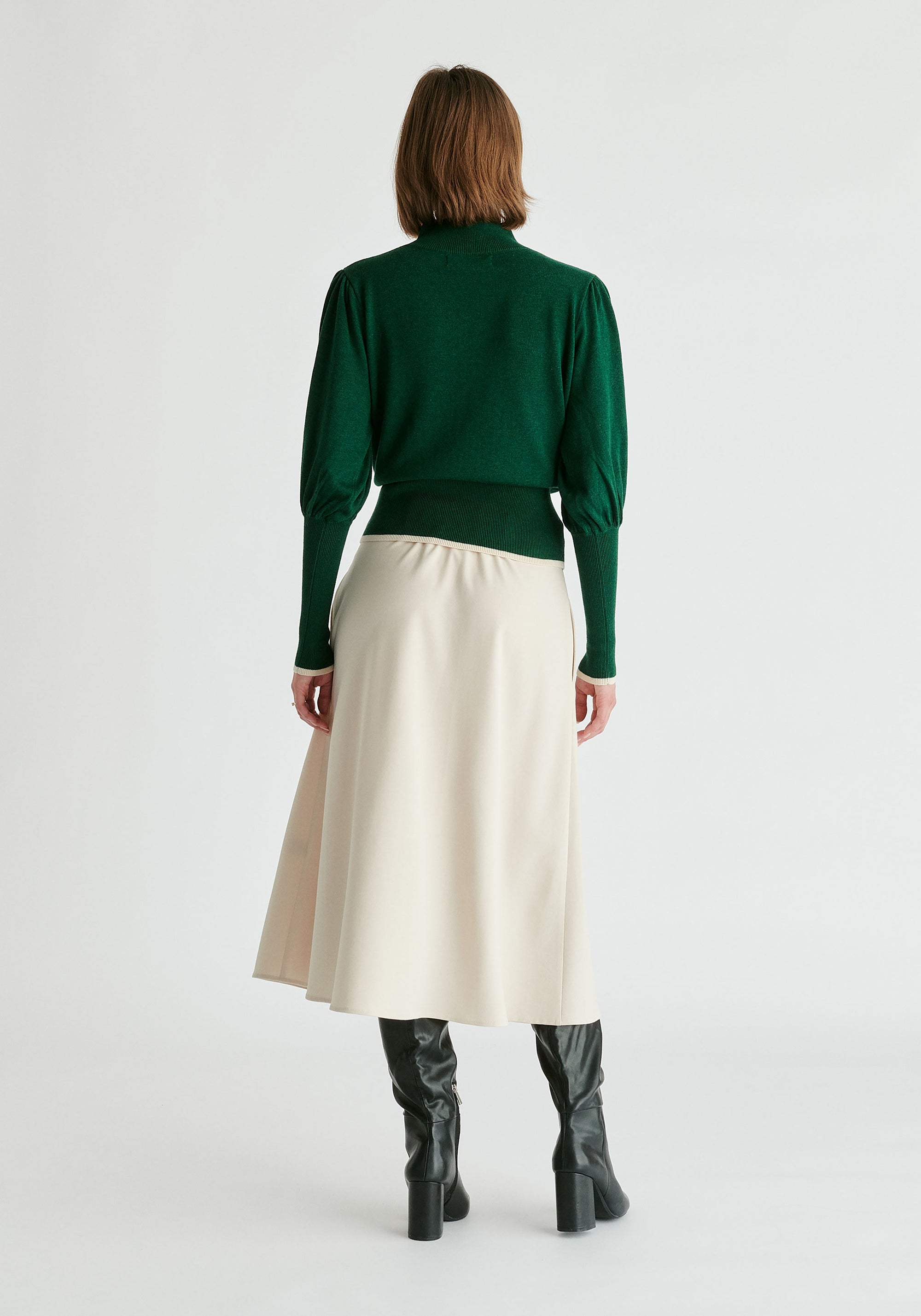 High Neck Knitted Top with Contrast Trim in Green Back