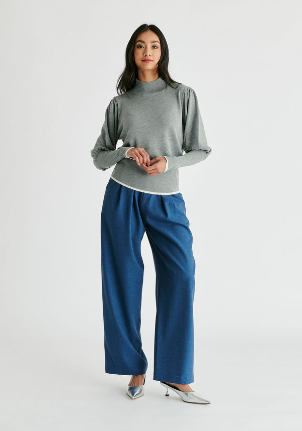 Belted Wide Leg Trousers with Box Pleats  in Denim Blue