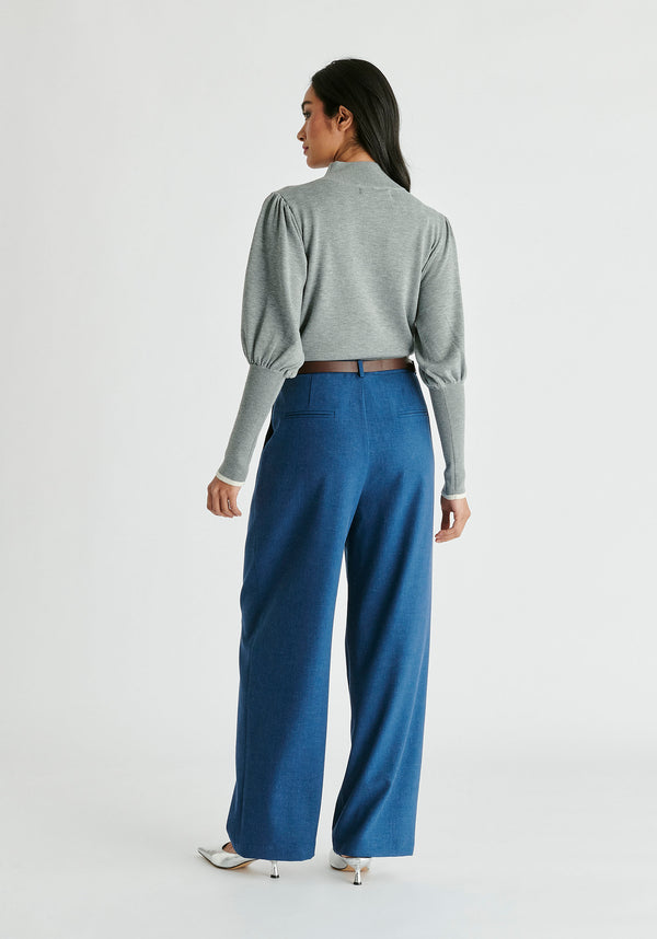 Belted Wide Leg Trousers with Box Pleats  in Denim Blue Back