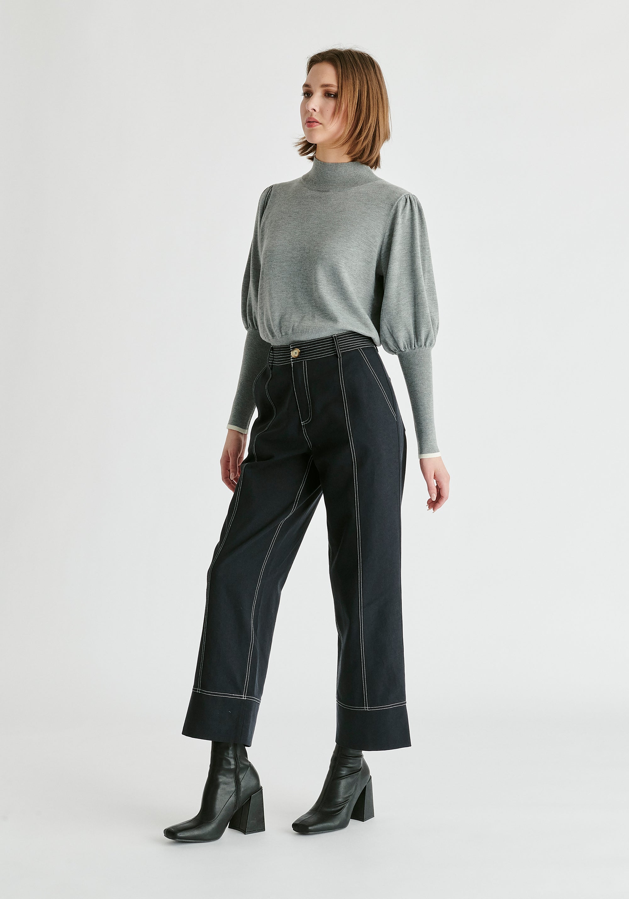 High Neck Knitted Top with Contrast Trim in Grey Side